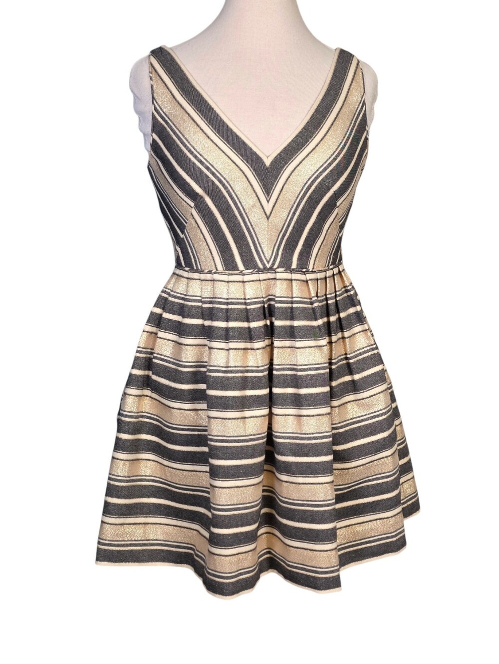 J.Crew Metallic Gold & Black Striped V-Neck Fit-and-Flare Dress Size 4P